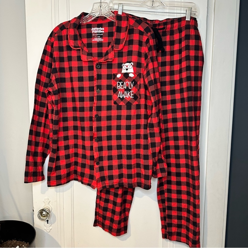 Cuddl Duds Red and Black Plaid Mens Pajama Set Bearly Awake